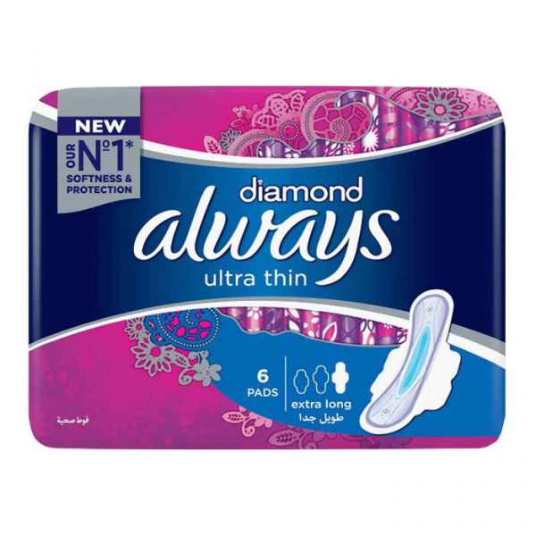 Always Diamonds Ultra Thin Sanitary Pads Extra Long Single Pack 6 Count