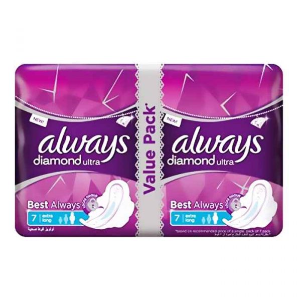Always Diamonds Ultra Thin Sanitary Pads Long Value Pack 14 Count