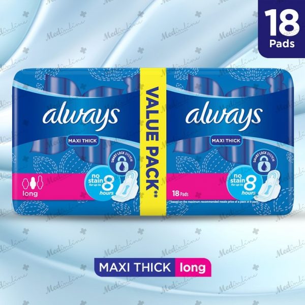 Always Thick Maxi Sanitary Pads Long Value Pack 18 Count